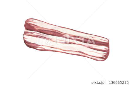 Streaky brisket slice watercolor illustration on isolated background. Thin sliced brisket strip with streaks of fat. Raw uncooked bacon food ingredient for recipe decor, menus, cookbook. 136665236
