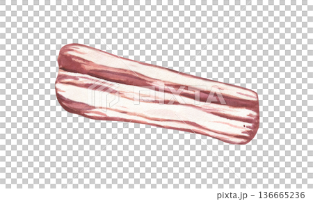 Streaky brisket slice watercolor illustration on isolated background. Thin sliced brisket strip with streaks of fat. Raw uncooked bacon food ingredient for recipe decor, menus, cookbook. 136665236