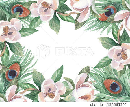 Restangular frame of the peacock's feathers and the magnolia. Handmade watercolor illustration. For cards, cover, wallpaper, prints, product labels and fabric. 136665392