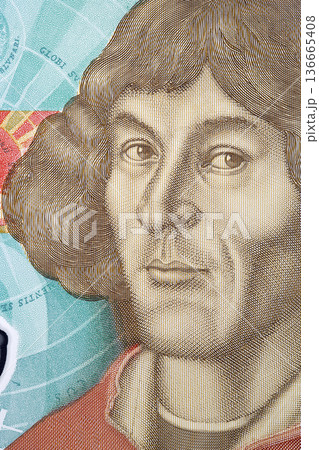 Nicolaus Copernicus a closeup portrait from Polish money 136665408