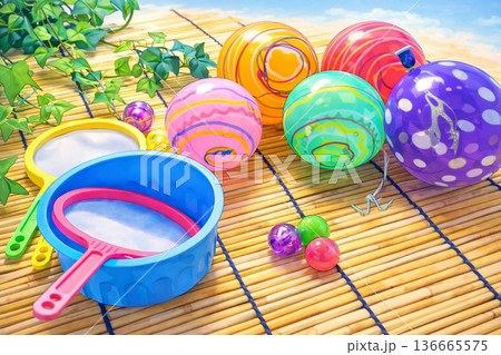 縁日のヨーヨー釣りと金魚すくい道具(AI生成画像) 136665575