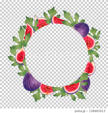 Round frame of figs. Botanical wreath of fresh, ripe purple figs, slices, and leaves. Watercolor illustration. Hand drawn isolated art. Suitable for postcards, packaging and menu. 136665813