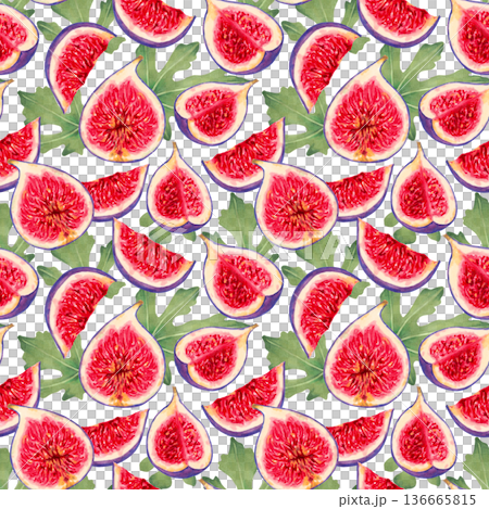Seamless pattern of fig slices with red flesh and leaves. Watercolor botanical illustration. Hand drawn isolated art. Background with tropical berrie. Suitable for textiles, fabric, and wallpaper. Seamless pattern of fig slices with red flesh and leaves. Watercolor botanical illustration. Hand drawn isolated art. Background with tropical berrie. Suitable for textiles, fabric, and wallpaper. 136665815