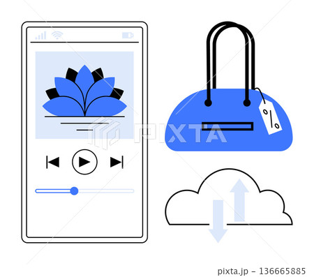 Digital services, cloud storage, e-commerce, multimedia streaming, technology, and online solutions. A smartphone with music player, shopping bag and cloud upload symbols. Digital services and cloud 136665885