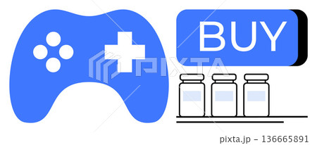 E-commerce, online shopping, pharmaceutical sales, gaming products, healthcare, digital stores. Gaming controller, medicine bottles and buy button. E-commerce and online shopping concept 136665891