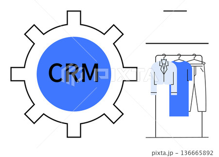 Customer relationship management, retail strategy, business optimization, workflow actions, sales processes, e-commerce solutions. Gear icon with CRM text alongside a clothes rack. CRM and retail Customer relationship management, retail strategy, business optimization, workflow actions, sales processes, e-commerce solutions. Gear icon with CRM text alongside a clothes rack. CRM and retail 136665892
