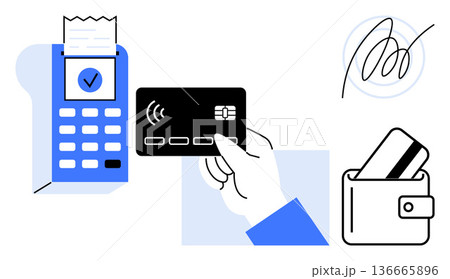 Digital payments, fintech solutions, online shopping, e-commerce security, financial transactions, digital signatures. Credit card transaction at POS terminal, signature and wallet. Digital payments 136665896