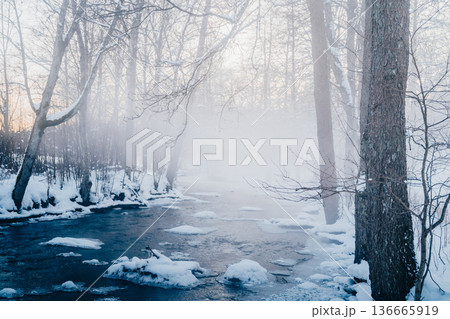Misty winter forest river with snow and ice at dawn, tranquil Nordic nature scene 136665919