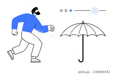 Insurance, personal safety, risk management, security, coverage, decision-making. A running man approaching an umbrella with selection icons. Insurance and personal safety visualization Insurance, personal safety, risk management, security, coverage, decision-making. A running man approaching an umbrella with selection icons. Insurance and personal safety visualization 136665932