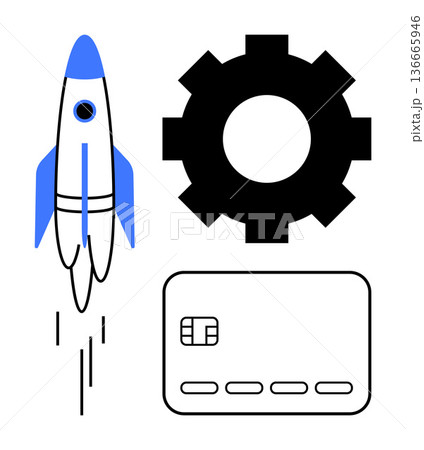 Startup growth, innovation, financial technology, engineering process, payment systems, digital transformation. Rocket alongside a gear and credit card illustration. Startup growth and financial 136665946