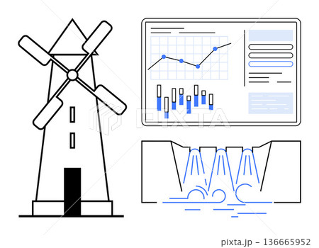 Renewable energy, data analysis, sustainability, energy efficiency, environmental conservation, eco-technology. Windmill, hydroelectric power data chart visual. Renewable energy and data analysis Renewable energy, data analysis, sustainability, energy efficiency, environmental conservation, eco-technology. Windmill, hydroelectric power data chart visual. Renewable energy and data analysis 136665952