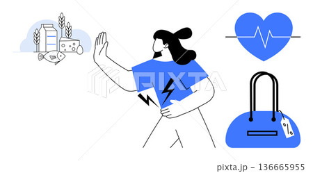 Allergy management, health awareness, nutrition, consumer choices, food safety, wellness. Woman gesturing no to allergenic foods. Allergy management and health awareness visualization Allergy management, health awareness, nutrition, consumer choices, food safety, wellness. Woman gesturing no to allergenic foods. Allergy management and health awareness visualization 136665955