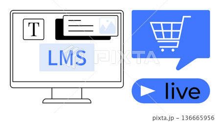Education technology, e-commerce, digital learning, livestream shopping, online tools, business solutions. A computer screen with LMS interface and a shopping cart with live streaming. Education 136665956