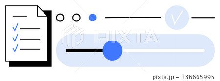 Task management, workflow organization, productivity tools, progress tracking, digital verification, user interface design. A checklist, progress bar and verification mark illustration. Task 136665995