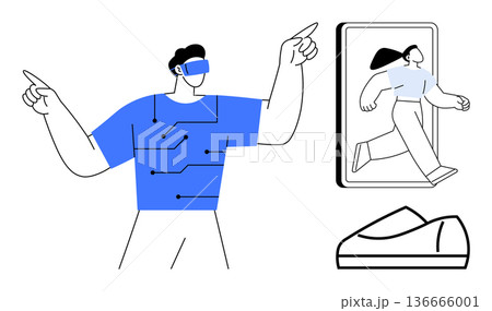 Virtual reality, future technology, innovation, digital interaction, augmented reality, online learning. Person wearing VR headset pointing, figure walking out of screen. Virtual reality and future 136666001
