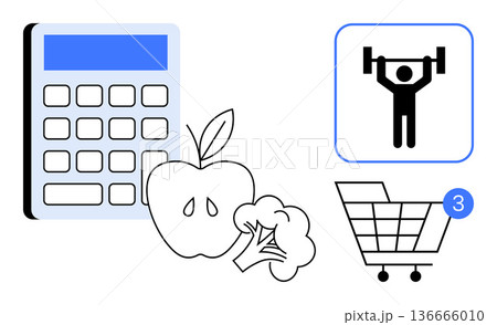 Diet planning, fitness tracking, meal preparation, digital shopping, healthy habits, physical activity. Calculator, apple broccoli shopping cart weightlifting. Diet planning and fitness tracking 136666010