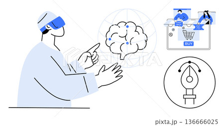 Virtual reality, artificial intelligence, e-commerce, design tools, innovation, tech advancements. Person in VR headset interacting with AI brain, shopping and pen tool icons. Virtual reality and AI Virtual reality, artificial intelligence, e-commerce, design tools, innovation, tech advancements. Person in VR headset interacting with AI brain, shopping and pen tool icons. Virtual reality and AI 136666025