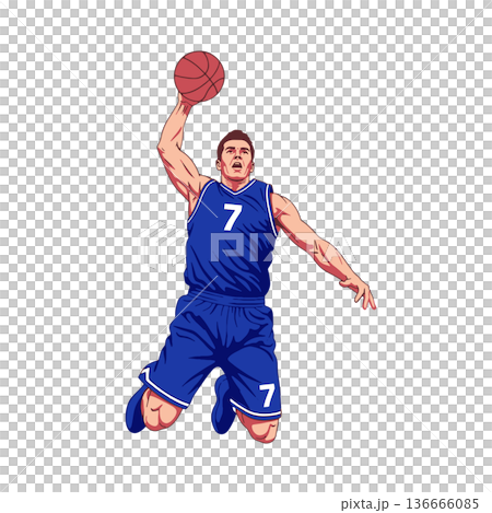 Powerful Dunk Shot by Basketball Player Leaping High with Intense Athleticism in Dynamic Vector Illustration 136666085