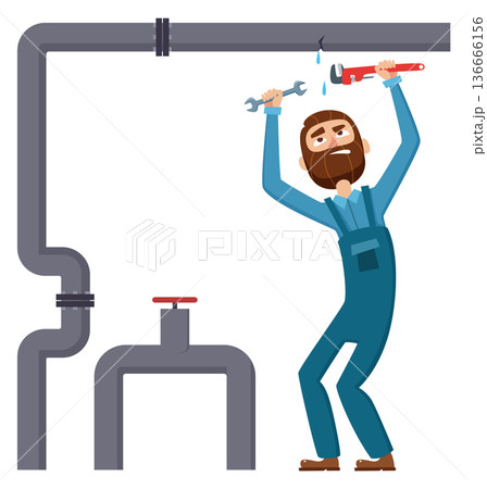 Plumber fix pipe leak. Cartoon repairman character at work 136666156