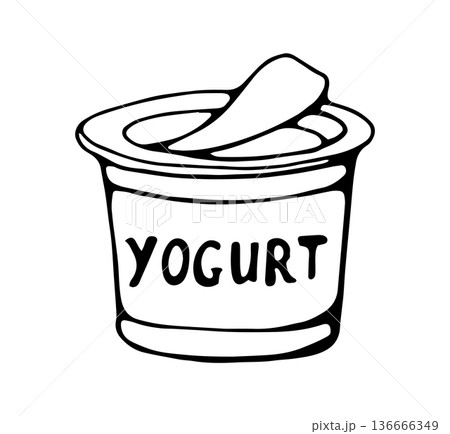 Hand Drawn Yogurt Cup Illustration in Minimal Black and White Style 136666349