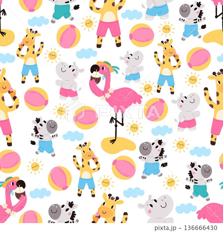 Cartoon animals seamless pattern. Giraffe and zebra at beach. Hippopotamus with flamingo play ball. Summer games. Repeated print. Funny characters having fun at vacation. Vector background 136666430
