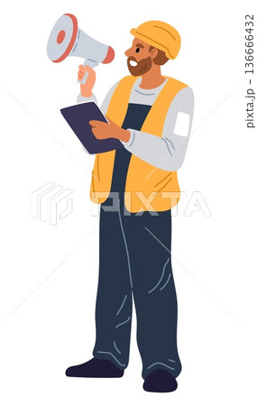 Construction company employee in protective clothing. Builder with megaphone making important announcement. Foreman speaking through loudspeaker. Man engineer announce. Vector concept Construction company employee in protective clothing. Builder with megaphone making important announcement. Foreman speaking through loudspeaker. Man engineer announce. Vector concept 136666432