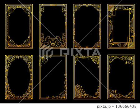 Decorative gold linear frames in Art Deco style. Floral ornament design element. Rectangular floral framework with filigree line flourish. Vector set of vintage borders for postcards Decorative gold linear frames in Art Deco style. Floral ornament design element. Rectangular floral framework with filigree line flourish. Vector set of vintage borders for postcards 136666438