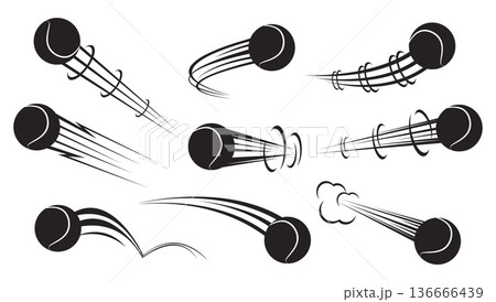 Flying balls for playing tennis with traces of air currents. Flight stream. Track effect. Speed curve motion. Championship hit and pass. Movement trajectory. Vector set of black silhouettes 136666439
