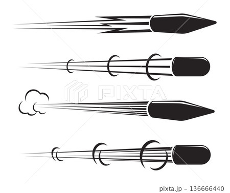 Flying bullet with traces of airflow. War weapon. Ballistic trajectory flight motion. Comic style drawing. Gunpowder combustion trail effect. Vector set of silhouettes on white background Flying bullet with traces of airflow. War weapon. Ballistic trajectory flight motion. Comic style drawing. Gunpowder combustion trail effect. Vector set of silhouettes on white background 136666440