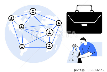 Technology, global business, digital marketing, e-commerce, collaboration, networking. A world map with user icons, briefcase and person shopping. Technology and global business concept 136666447
