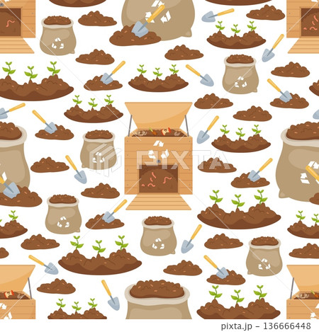 Gardening seamless pattern. Growing seedlings. Compost bin and bags. Reusable rotten garbage. Soil humusing. Fertilizing with biodegradable waste. Ground digging. Vector background 136666448