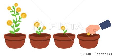 Growth stages of money tree from planting gold coin seed to large bush with coins. Businessman hand growing seedling. Progress steps. Investment profit. Plants in pots. Vector concept Growth stages of money tree from planting gold coin seed to large bush with coins. Businessman hand growing seedling. Progress steps. Investment profit. Plants in pots. Vector concept 136666454