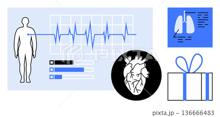 Medical diagnostics, health monitoring, data analysis, organ function, gift of health, cardiology. Human diagram with EKG chart, heart and lungs graphics. Medical diagnostics and health monitoring 136666483