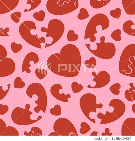 Red hearts in form of disassembled puzzle pieces seamless pattern. Romantic relationship. Divorce and broken love. Valentine repeated print. Wedding jigsaw connection. Vector background Red hearts in form of disassembled puzzle pieces seamless pattern. Romantic relationship. Divorce and broken love. Valentine repeated print. Wedding jigsaw connection. Vector background 136666484