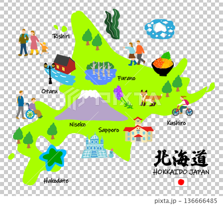 北海道旅行、手描きの観光スポットと観光客フラットイラスト 136666485
