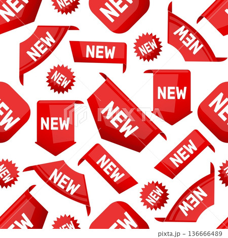 Red stickers seamless pattern. Bookmarks and corners for new products. Shopping stripes with inscription. Marketing labels. Repeated print. Offer shop announcement tags. Vector background Red stickers seamless pattern. Bookmarks and corners for new products. Shopping stripes with inscription. Marketing labels. Repeated print. Offer shop announcement tags. Vector background 136666489