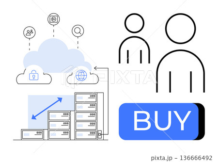 Cloud technology, e-commerce, data storage, digital services, online transactions, user management. Server stacks connected to cloud with icons and symbols. Cloud technology and e-commerce concept 136666492
