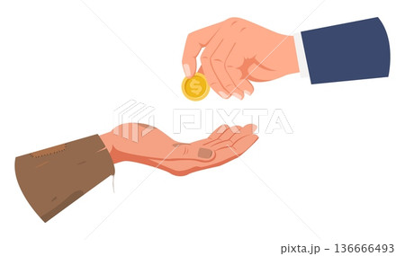 Rich successful person gives gold coin to poor needy person. Alms for beggar. Unemployment refugee. Money help to vagabond. Vector concept of charity donation and financial assistance 136666493