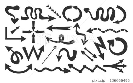 Simple black arrows of various shapes and types. Twisted direction. Navigation and orientation symbols. Right or left motion. Wavy and dotted lines. Vector set of simple dark pointers Simple black arrows of various shapes and types. Twisted direction. Navigation and orientation symbols. Right or left motion. Wavy and dotted lines. Vector set of simple dark pointers 136666496