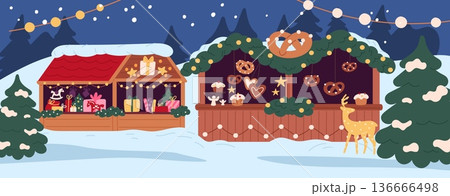 Snow covered Christmas shops and stalls. Winter fair and kiosks selling gifts and sweets. Stands decorated with garlands. Xmas celebration. Festive market booths. Vector park landscape 136666498