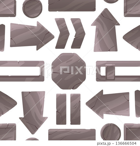 Stone plaques seamless pattern. Rocky signs. Granite arrows and sliders. Cracked tablets. Stony block boards with fissures. Natural rock GUI texture. Boulder pointer. Vector background Stone plaques seamless pattern. Rocky signs. Granite arrows and sliders. Cracked tablets. Stony block boards with fissures. Natural rock GUI texture. Boulder pointer. Vector background 136666504