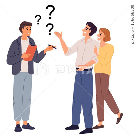 Young man conducts social survey or questionnaire among couple. Interviewer questions. Sociology research. Option interview. People conversation. Talk with sociologist. Vector concept 136666509
