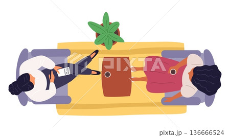 Young woman at psychologists appointment. People sitting on armchairs top view. Psychological consultation. Psychotherapist conversation. Visit for psychoanalysis treatment. Vector concept 136666524