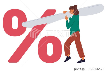 Young woman cuts off percentage sign with knife. Financial recession. Finance crisis. Expense decrease percent. Income reduction. Banking tax cost. Vector concept of monetary inflation Young woman cuts off percentage sign with knife. Financial recession. Finance crisis. Expense decrease percent. Income reduction. Banking tax cost. Vector concept of monetary inflation 136666526