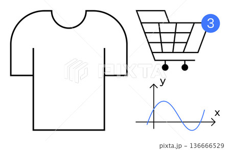 Online shopping, notifications, app design, education, mathematics, retail. Simplified visuals include a shopping cart with notification bubble, a t-shirt outline and a line graph. Online shopping 136666529