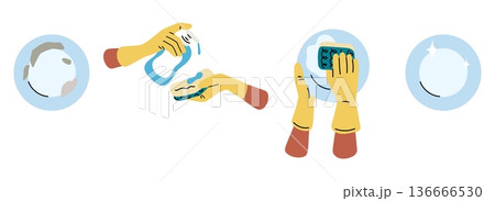 Steps for washing dirty dishes with detergent and sponge. Hands in gloves wash plate. Utensil cleaner suds. Soap dispenser bottle. Kitchen hygiene. Vector dishwashing process stages set 136666530