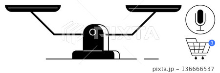 Decision-making, e-commerce, digital tools, technology use, consumer choice, online shopping. Balance scale, microphone shopping cart icon with notification. Decision-making and e-commerce 136666537