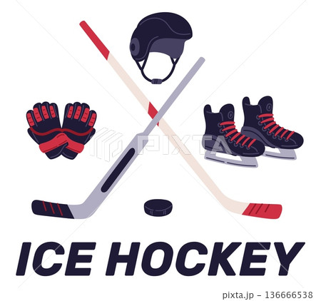 Symbols of ice hockey. Players and goalkeepers sticks. Winter rink sport. Athletics skates. Gloves and helmet. Crossed clubs with puck. Sportsman stuff. Vector competition accessories set 136666538