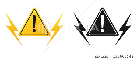 Yellow triangle with exclamation mark and lightning dangerous symbols. Silhouette attention and beware signs with danger thunderbolts. Electricity caution. Vector warning icons set 136666542