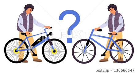 Young man chooses between regular and electric bicycle. Guy thinking about bike with electrical battery. Alternative solution. Vector concept of choosing eco friendly transportation Young man chooses between regular and electric bicycle. Guy thinking about bike with electrical battery. Alternative solution. Vector concept of choosing eco friendly transportation 136666547
